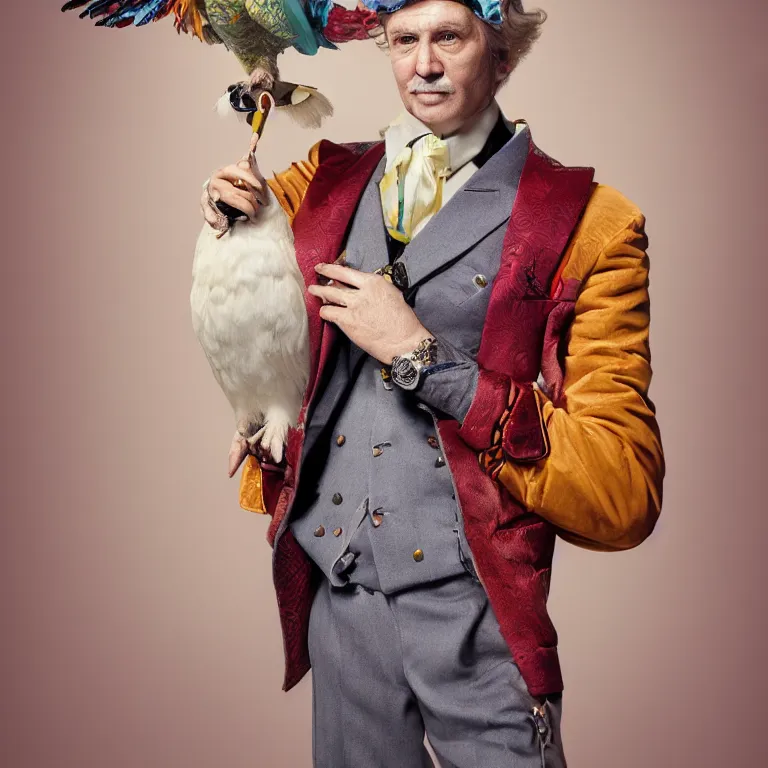 Image similar to high fashion photoshoot octane render portrait by wayne barlow and carlo crivelli and glenn fabry, a distinguished actor wearing a colorful wes anderson designed uniform and holding a snow owl inside a high - end exotic colorful pastel vintage boutique hotel lounge, very short depth of field, bokeh