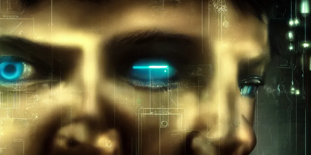 Image similar to a face covered in computer circuits, scifi, bladerunner, cyberpunk, very detailed eyes, 8 k resolution, by wlop, greg rutkowski