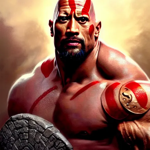 Image similar to portrait painting of dwayne johnson as kratos, ultra realistic, concept art, intricate details, eerie, highly detailed, photorealistic, octane render, 8 k, unreal engine. art by artgerm and greg rutkowski and charlie bowater and magali villeneuve and alphonse mucha