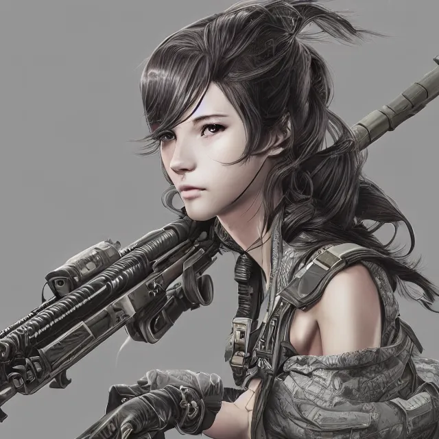 Image similar to the photorealistic portrait of lawful neutral female futuristic marine sniper as absurdly beautiful, gorgeous, elegant, young anime gravure idol, an ultrafine hyperdetailed illustration by kim jung gi, irakli nadar, intricate linework, bright colors, octopath traveler, final fantasy, unreal engine 5 highly rendered, global illumination, radiant light, detailed and intricate environment