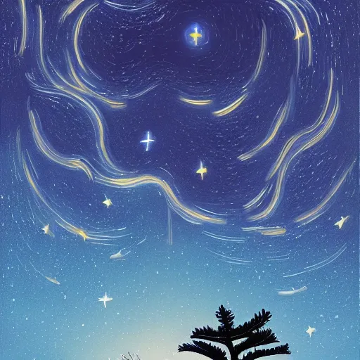 Image similar to a painting of a night sky with stars and trees, poster art by tim biskup, behance contest winner, space art, poster art, wallpaper, digital illustration