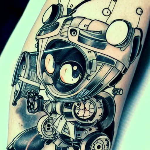 Image similar to Anime manga robot!! cat tattoo, cyborg cat, exposed wires and gears, fully robotic!! cat, manga!! in the style of Junji Ito, Hayao Miyazaki and Naoko Takeuchi, cute!! chibi!!! cat, tattoo on upper arm, arm tattoo