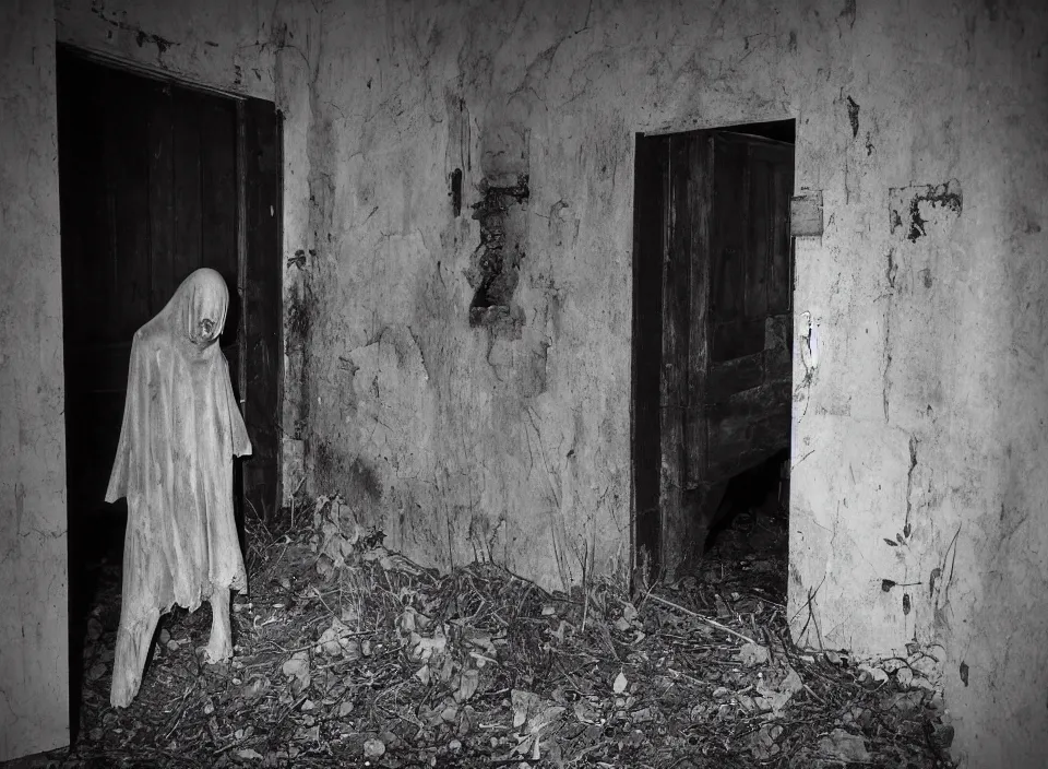 Prompt: an sinister photo of creepy ghost crawling out of dark door next to the abandoned church, omnious atmosphere