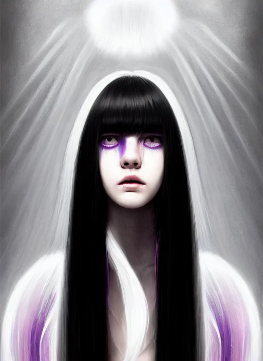 Prompt: hair whitebangs hair, black hair, whitebangsblackhair, portrait of teenage girl with white bangs, red irises, purple clothes, white bangs, bangs are different color from hair, intricate, elegant, glowing lights, highly detailed, digital painting, artstation, concept art, sharp focus, illustration, art by wlop, mars ravelo and greg rutkowski