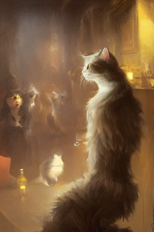Image similar to of a gelement with the head of a british longhair cat, wearing vest suite in the night club, by greg rutkowski