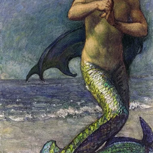 Image similar to male merlock holmes mermaid with a big mermaid tail sitting at the bottom of the sea under water in the style of jules bastien - lepage