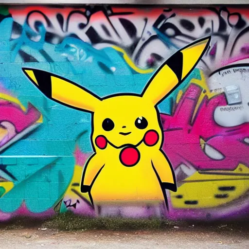 Prompt: graffiti pikachu on the wall, wide angle lens