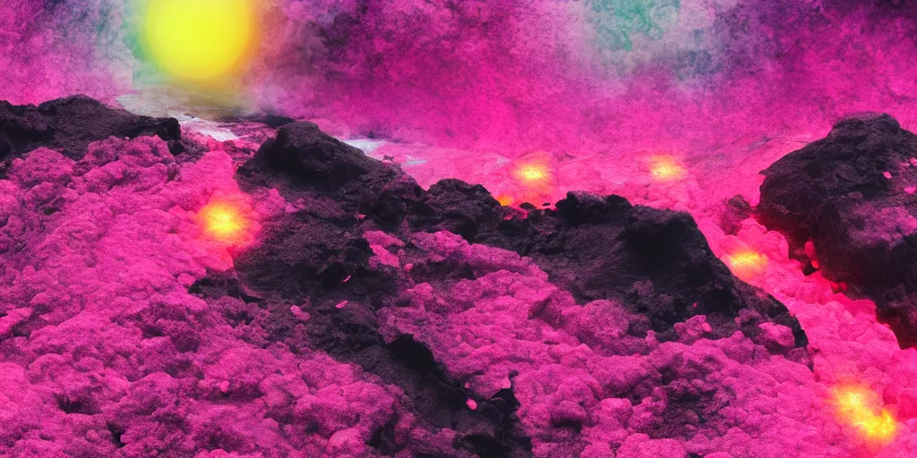 Prompt: pink lemonade flowing from the volcano, digital art, 4 k, highly detailed, soft lighting, dramatic perspective