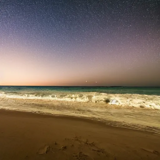 Prompt: calm peaceful beach at night, dark sky lit up with stars, alone, nighttime, waves, shore, sand