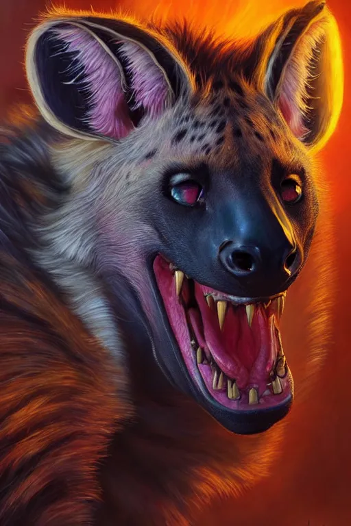 Prompt: beautiful oil painting with high detail of a Hyena-Lightning bolt hybrid from dungeons and dragons and art direction by James Cameron ;by artgerm; wayne reynolds art station; cinematic quality character action render; ultra high quality model; production quality cinema model; flaming plasma aesthetic