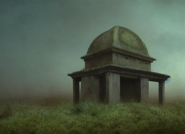 Image similar to matte painting of overgrown mausoleum in a forgotten wasteland, Zdzislaw Beksinski, Lewis Jones, mattias adolfsson, cold hue's, warm tone gradient background