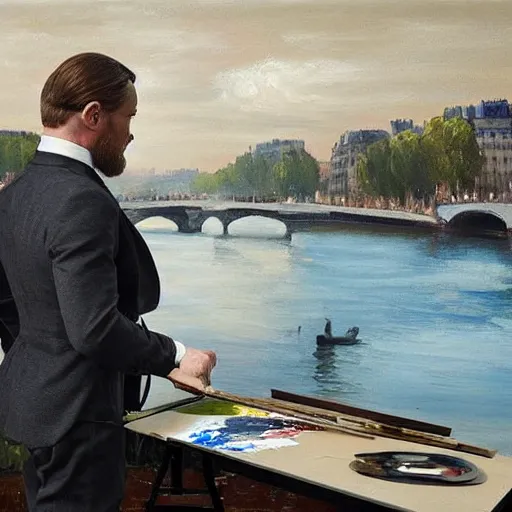 Image similar to mcgregor is dressed as a gentleman at early 2 0 th century paris. he is watching an easel. that easel has a canvas on it. ewan mcgregor has a brush on his hand. he is painting a painting. on background has river seine, morning sun, dark clouds, lightning, dc comics