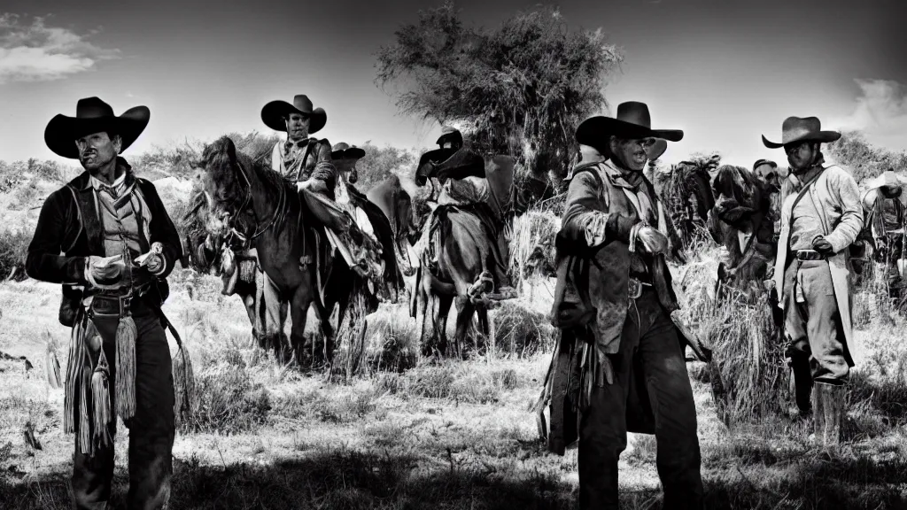 Image similar to a film still from a western movie in mexico, black and white, wide lens,