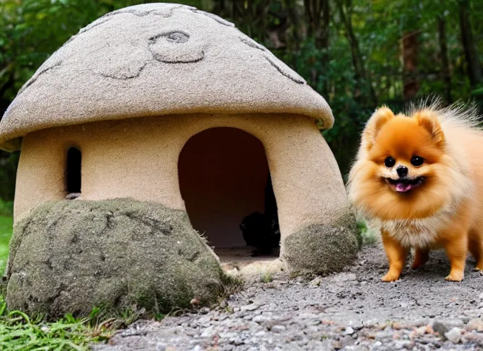 Prompt: a tan pomeranian in front of a mushroom house