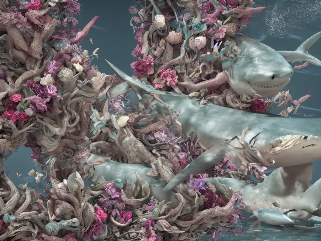 Prompt: a sculpture of ocean shark intertwined, a lovely cornucopia of flowers and human body parts, highly detailed, octane render, cinematic, shock