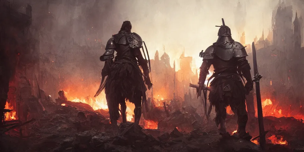 Image similar to a painting of a cinematic keyframe of a medieval knight warrior with his sword walking into a destroyed medieval town, with fire by greg rutkowski, dark fantasy art, high detail, trending on artstation