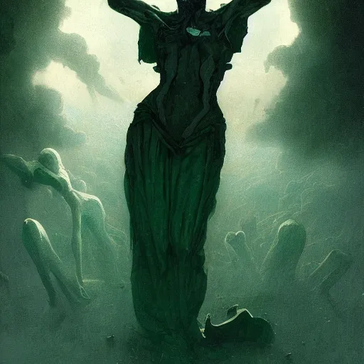 Prompt: An Evil Starbucks Siren, fullbody, intricate, demonic, video game art, highly detailed, artstation, green field with village ruins, concept art, smooth, sharp focus, illustration, art by greg rutkowski and orientalism and bouguereau and Zdzislaw Beksinski, good clear quality, lighting, biology, symmetrical artwork, perfect face, 135 mm, cinematic, hyper realism, high detail, octane render, 8k, chrome accents