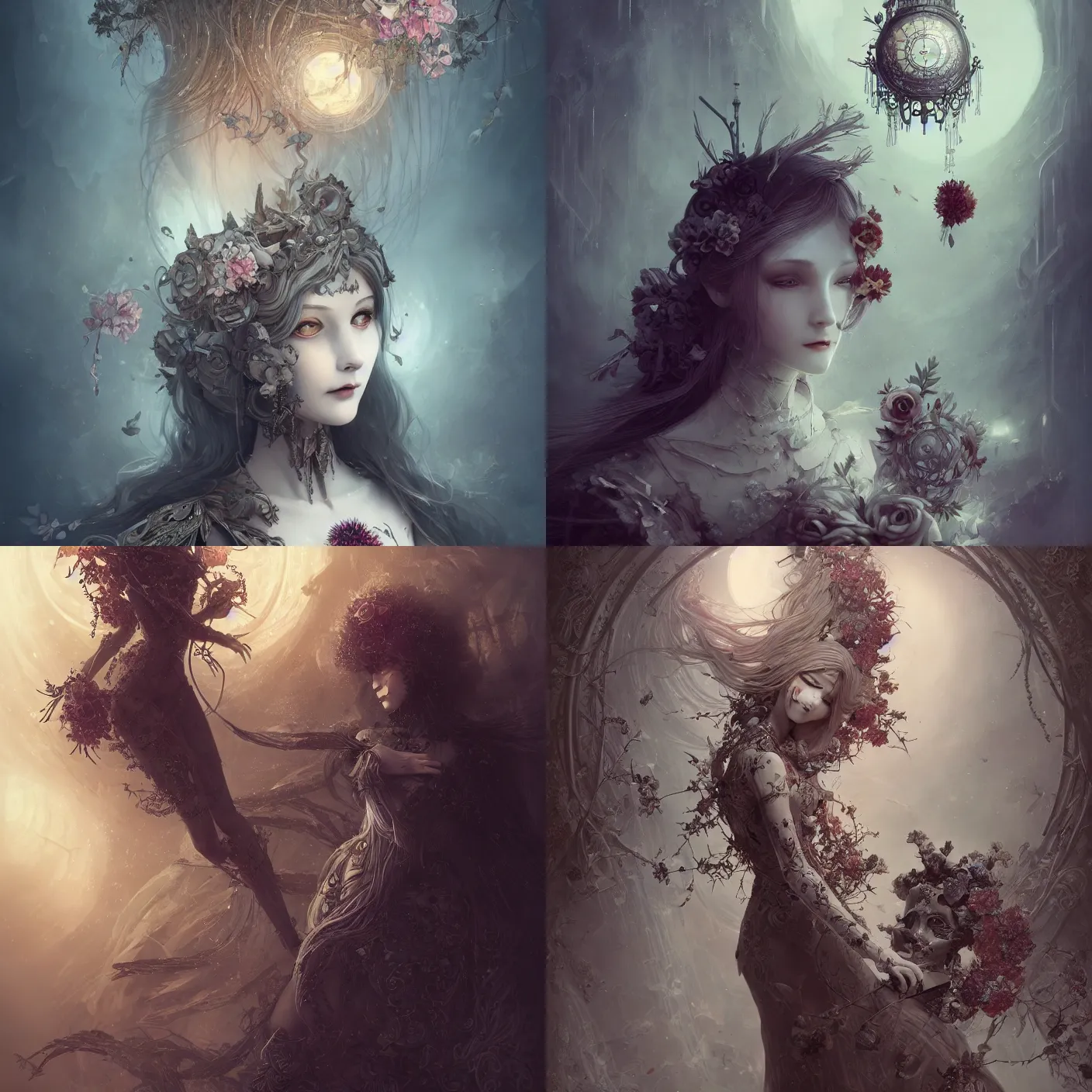 Prompt: detailed, sharp, dreaming humanoid female automata wearing gothic ornament floating above a dystopia with higan flower by Anna Dittmannand, digital art. surreal. trending on artstation, HD, 8K, highly detailed, good lighting. beautiful. epic.
