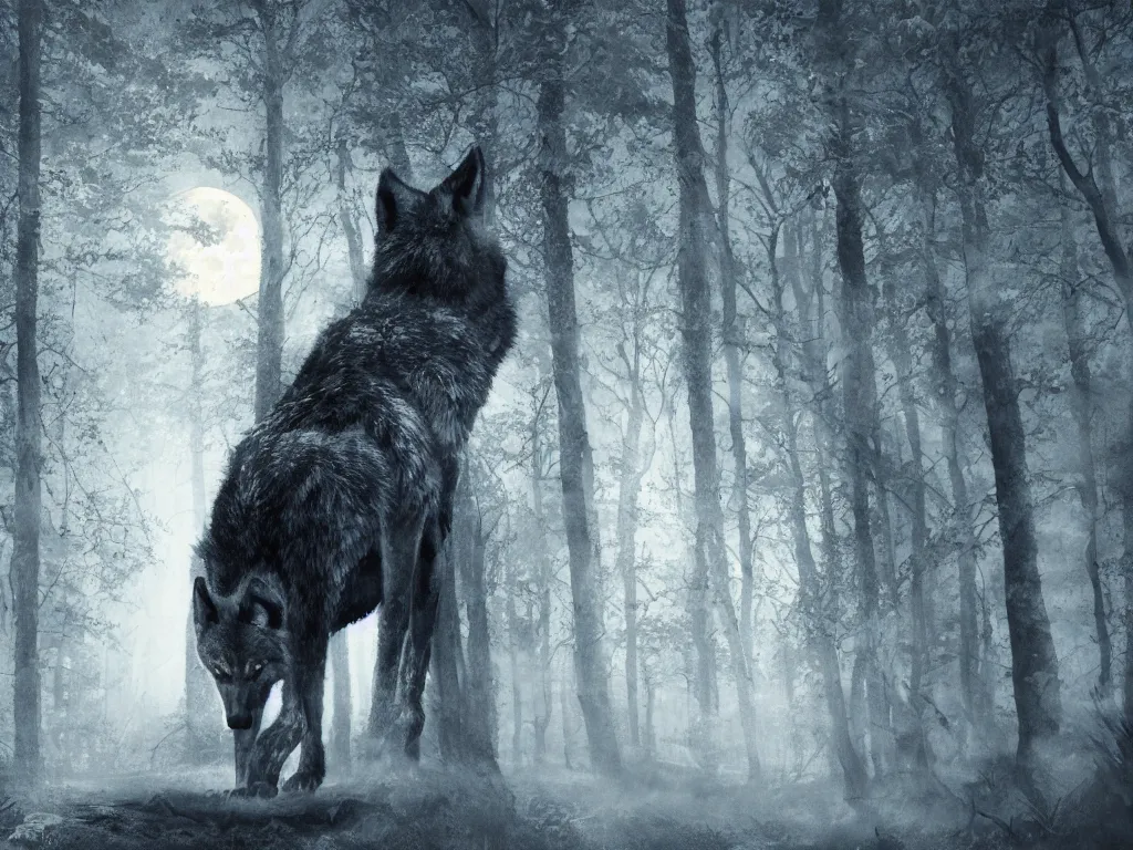 Image similar to portrait of a large wolf walking on a dark path through the forest at night under a full moon, 4 k, photorealistic,