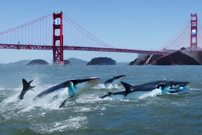 Image similar to golden gate bridge with sharks in water,