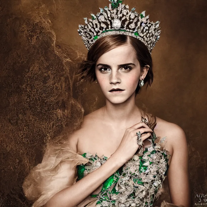 Image similar to emma watson as queen, big crown adorned with emerald, diamonds, topaz and other jewellaries, sensual, beautiful soft light failling on her face, studio photography, nikon 3 5 mm portrait photography, ultra realistic