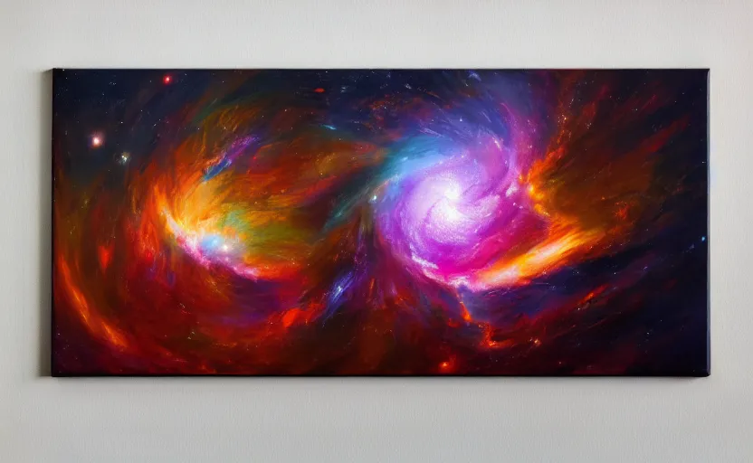 Prompt: an abstract oil painting of an unbelievably beautiful space nebula; all swirling light and fire; hyper-detailed; an extraordinary masterpiece!!!; flawless; trending on artstation