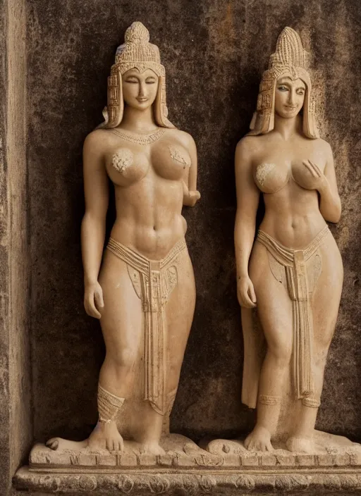 Prompt: photograph of a bas relief of lindsey pelas and gal gadot found in an ancient javanese temple, by charlotte grimm, natural light, detailed face, canon eos c 3 0 0, ƒ 1. 8, 3 5 mm, 8 k, medium - format print, half body shot