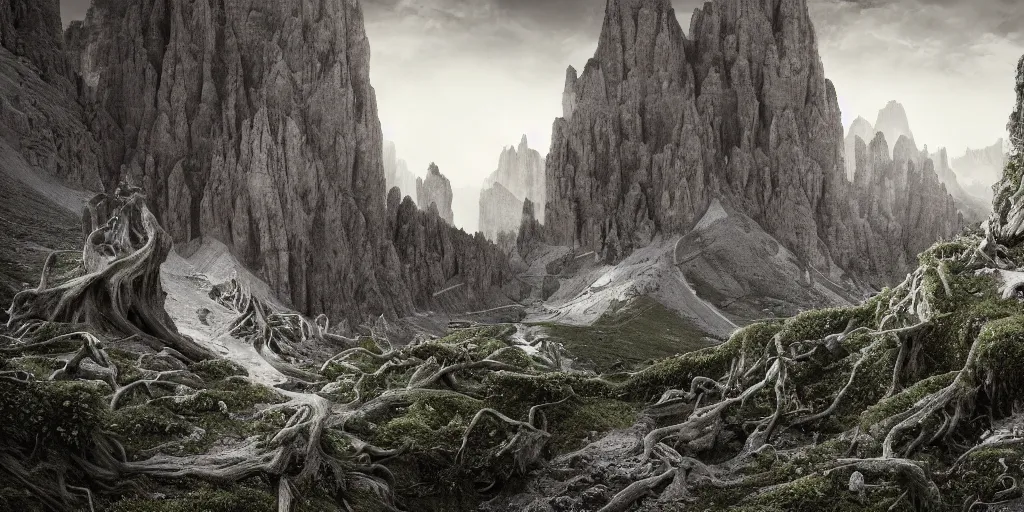 Prompt: photography of dolomites overgrown by roots, dolomites, alpine, detailed intricate insanely detailed octane render, 8k artistic 1920s photography, photorealistic, chiaroscuro, hd, by David Cronenberg, Raphael, Caravaggio