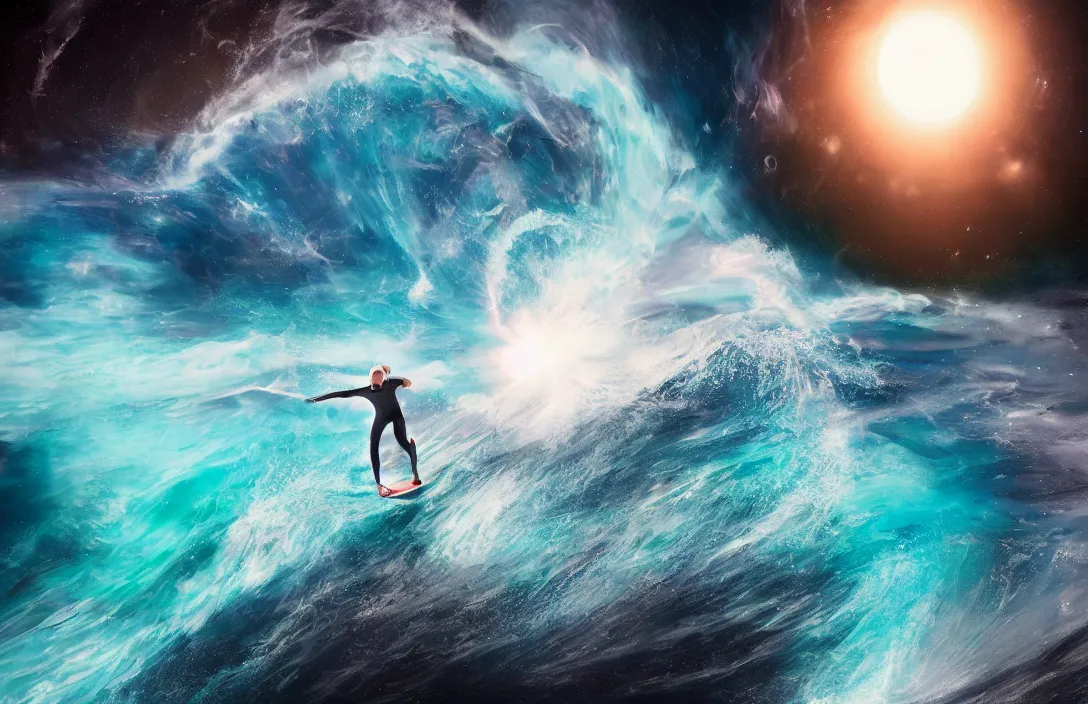 Image similar to surfing the waves of space by ben wanat ; cosmic, insane details, photography, unreal engine ;