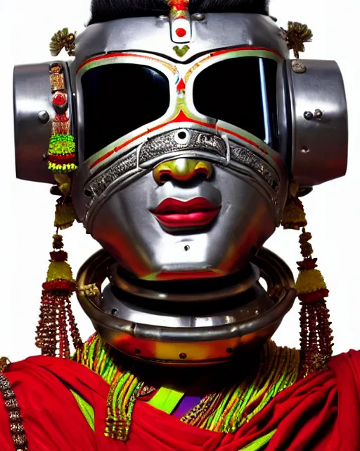 Prompt: photo of a Dramatic Kathakali male character with traditional headgear painted face wearing futuristic robocop LED goggles and futuristic robot armour with wide traditional ghaghra in the style of stefan kostic, full body, realistic, sharp focus, symmetric, 8k high definition, insanely detailed, intricate, elegant, art by stanley lau and artgerm, Hajime Sorayama, William-Adolphe Bouguereau