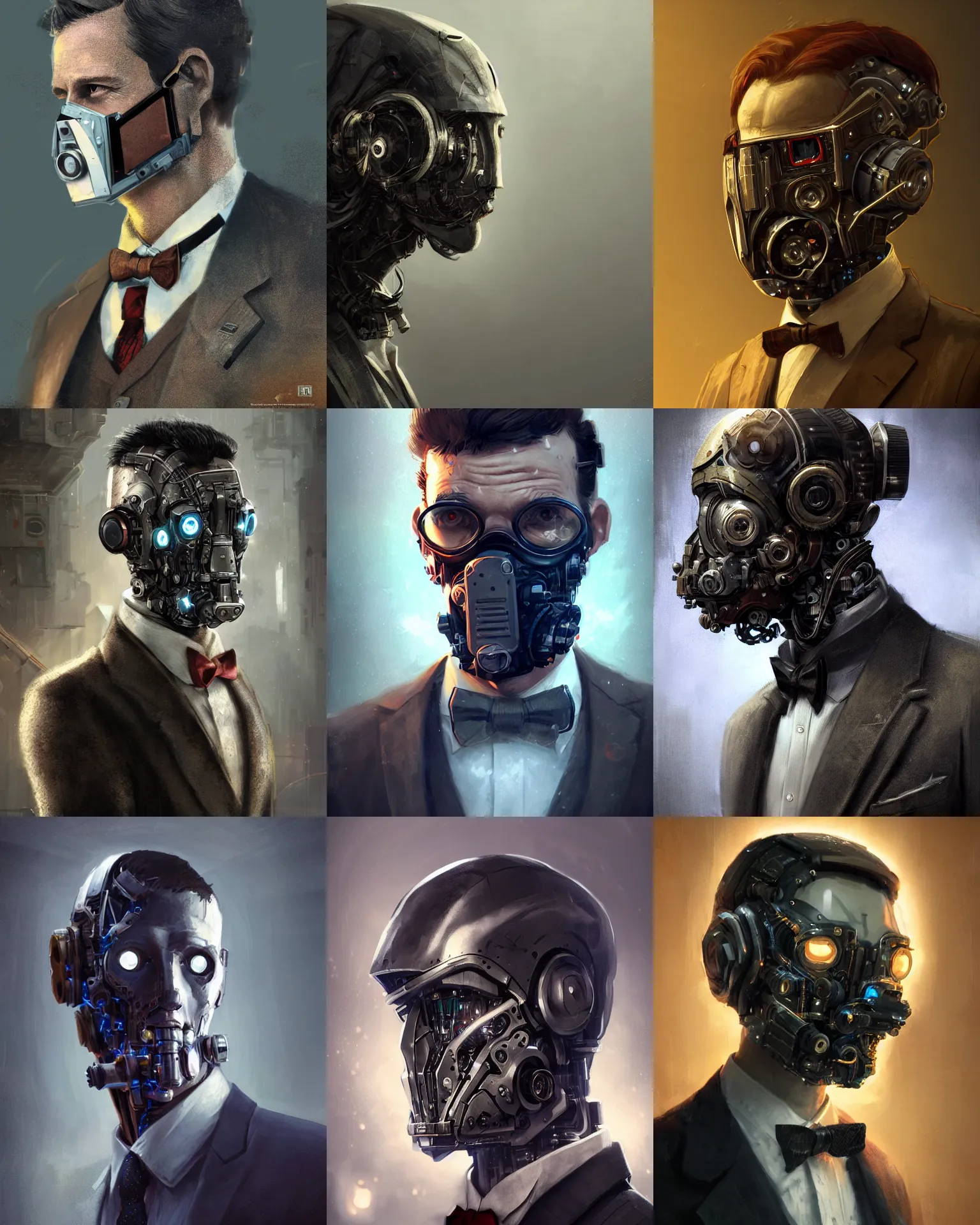 Image similar to a rugged young engineer man with cybernetic enhancements wearing a suit and bowtie, detailed mask, scifi character portrait by greg rutkowski, esuthio, craig mullins, 1 / 4 headshot, cinematic lighting, dystopian scifi gear, gloomy, profile picture, mechanical, half robot, implants, steampunk