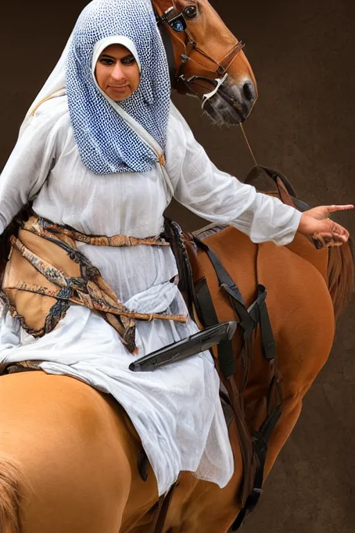 Prompt: hyperrealistic portrait from middle eastern burqa woman riding horse, with riffle in her chest, super highly detail, accurate boroque, without duplication content, white border frame, medium close up shot, justify content center, symmetrical, incrinate, cinematic, dust, award winning photos