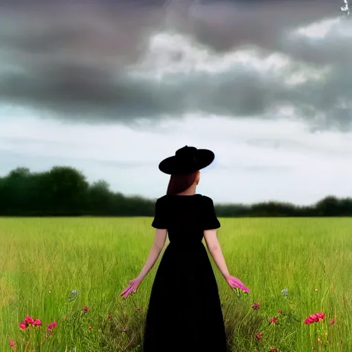 Image similar to a girl standing in a field, alone, wearing black dress and hat, doll in hand, detailed hands, by andrea kowch, dark, scene, magic realism, flowers, perspective