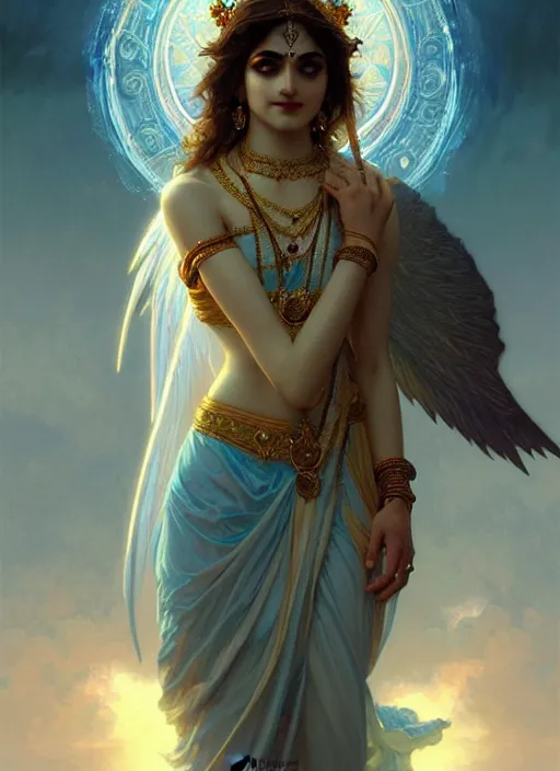 Prompt: : a beautiful cinematic krishna archangel fantasy sea landscape, fantasy magic, dark light night, intricate, elegant, sharp focus, illustration, highly detailed, digital painting, concept art, matte, art by WLOP and Artgerm and Greg Rutkowski and Alphonse Mucha, masterpiece