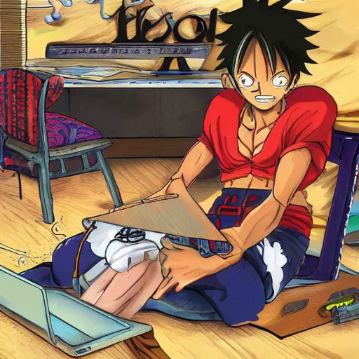 Image similar to luffy working in his laptop top