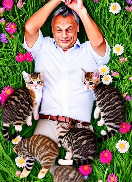 Image similar to hungarian prime minister viktor orban laying on a field of flowers with multiple cute kittens, photo, professionally retouched, realistic, smooth face, perfect eyes, symmetrical, full body shot, wide angle, sharp focus on eyes, 8 k high definition, insanely detailed, intricate, elegant, art by artgerm