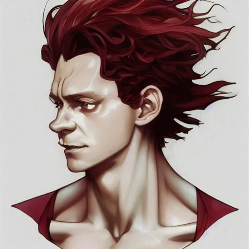 Image similar to hisoka, young tom hiddleston, cel - shaded animesque art by artgerm and greg rutkowski and alphonse mucha, smooth white skin, smirking face, reddish hair, d & d, fantasy, feminine portrait, highly detailed, digital painting, trending on artstation, concept art, sharp focus, illustration