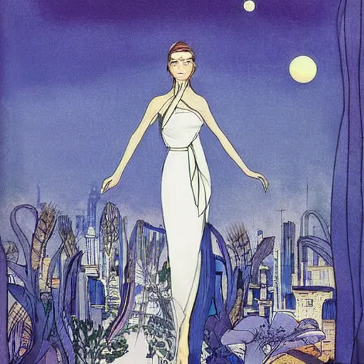 Image similar to A beautiful digital art of a young woman with big blue eyes. She has long lashes and a small mouth. Her hair is pulled back in a bun with a few stray hairs falling down. She's wearing a white dress with a blue sash and a blue scarf around her neck. In the background is a cityscape with tall buildings. by Kay Nielsen bold