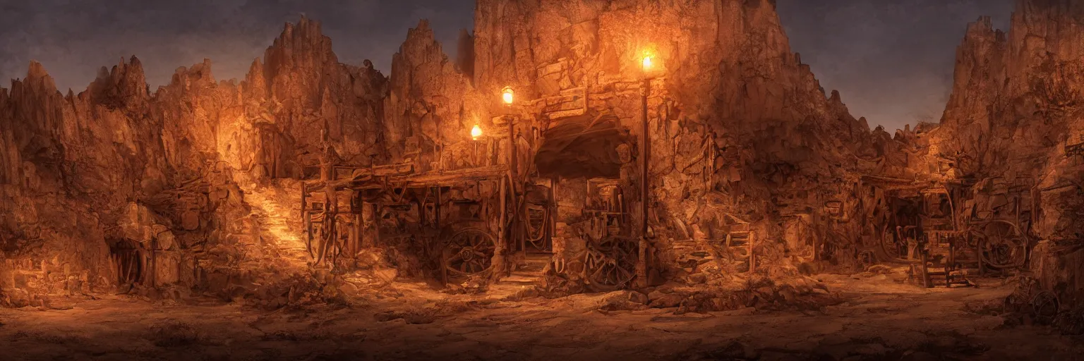 Prompt: an old mine entrances lit by toches in an ancient old wild West town, arizona desert, Dynamic lighting, cinematic, establishing shot, extremely high detail, photo realistic, cinematic lighting, , post processed denoised, concept design, concept art, artstation, matte painting, midjourney, style by alex ross, raphael lacoste, eddie mendoza