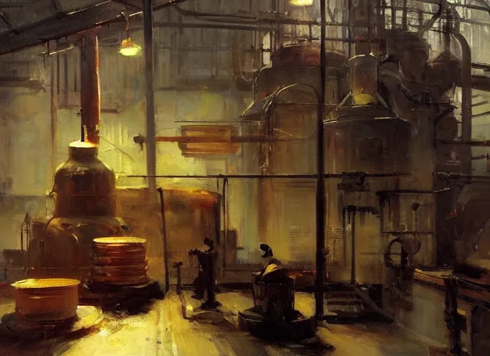 Image similar to oil painting of copper potstill in factory, art by anders zorn, wonderful art by greg rutkowski, beautiful cinematic light, american romanticism by greg manchess, reflections and refraction, sunlight