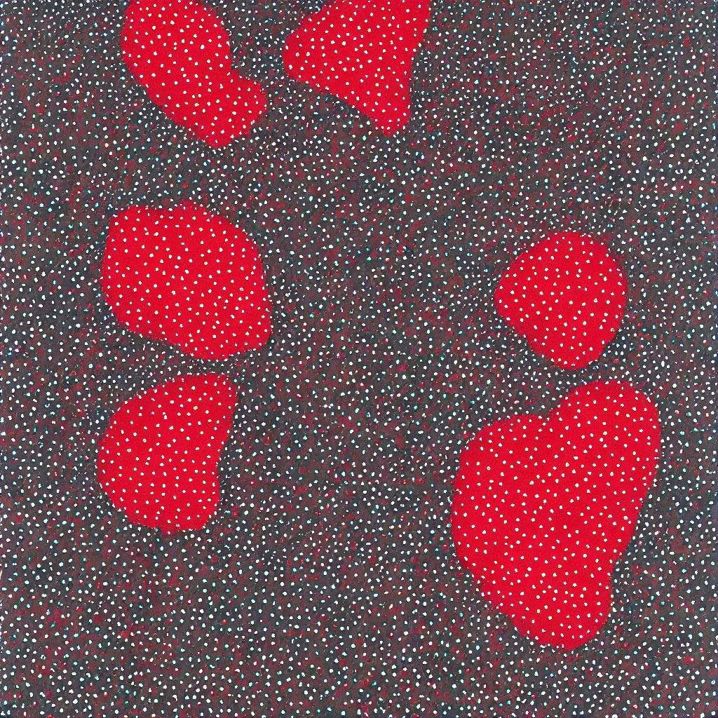 Image similar to camo made of strawberries, smiling, abstract, rei kawakubo artwork, cryptic, dots, stipple, lines, splotch, color tearing, pitch bending, color splotches, hearts, dark, ominous, eerie, minimal, points, technical, old painting