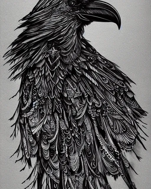 Image similar to mystical raven, black ink on paper, trending on artstation, beautiful, intricate, detailed