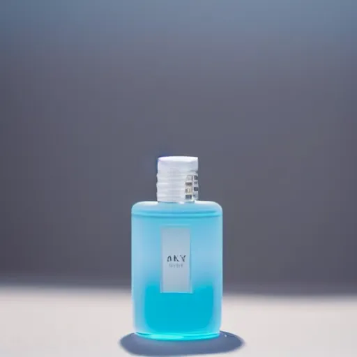 Image similar to airy bright perfume bottle floating in whispy clouds, with dreamy light blue sky and clouds in the background, softly - lit, soft - warm, zen, light, modern minimalist f 2 0 clean