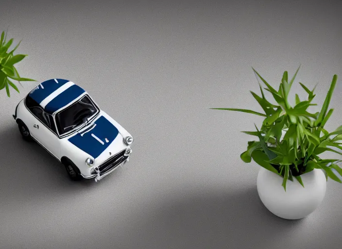 Image similar to a small miniature of a Mini Cooper S 1963 on a white table near a vase with a plant, 3d render, octane render, unreal engine 5, path tracing, serene landscape, calm, relaxing, beautiful landscape, highly detailed, high quality, 4k, symmetrical, low contrast, view from above