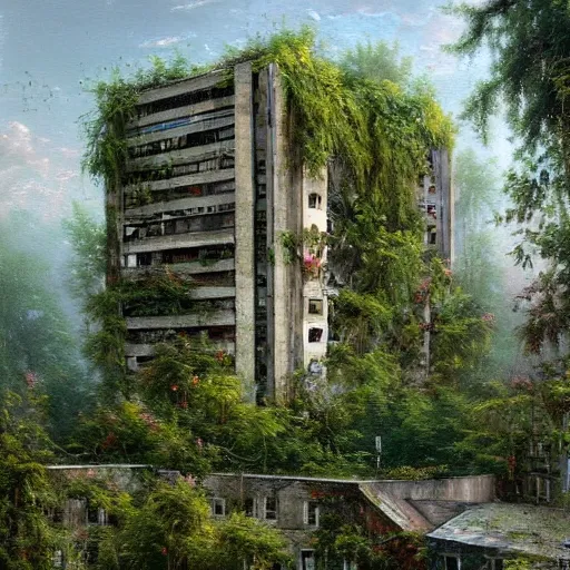Prompt: a wonderously complicated painting of an abandoned russian brutalist appartment being retaken by nature by greg rutkowski and thomas kinkade, dense with greenery, moss, flowering vines, ferns and mold on concrete