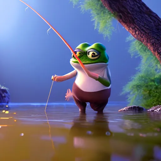 Prompt: a wholesome animation key shot of pepe the frog fishing in a pond, medium shot, studio ghibli, pixar and disney animation, sharp, rendered in unreal engine 5, anime key art by greg rutkowski, bloom, dramatic lighting