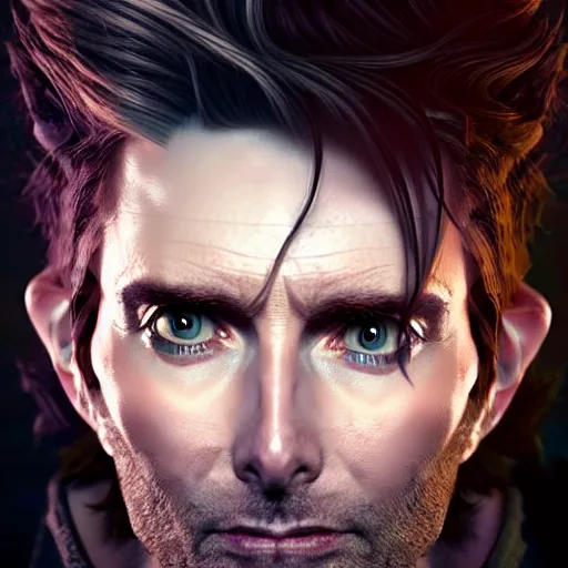 Image similar to portrait painting of a cyberpunk elven cyborg david tennant with thin pointy ears, ultra realistic, concept art, intricate details, eerie, highly detailed, photorealistic, octane render, 8 k, unreal engine. art by artgerm and greg rutkowski and charlie bowater and magali villeneuve and alphonse mucha