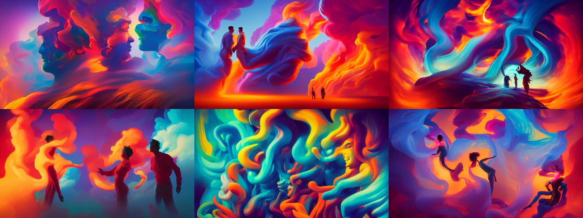 Image similar to thick colorful smoke human figures morphing into each other, by rhads and paul lehr, xf iq 4, f / 1. 4, iso 2 0 0, 1 / 1 6 0 s, 8 k, raw, featured in artstation, octane render, cinematic, elegant, intricate, 8 k