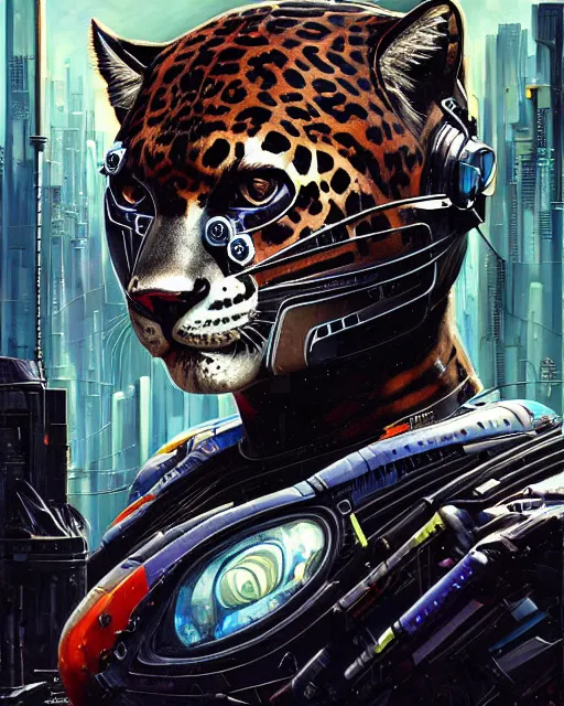 Image similar to a portrait of an anthropomorphic cyberpunk jaguar by sandra chevrier, by jon foster, detailed render, tape deck, epic composition, cybernetics, 4 k realistic, cryengine, realistic shaded lighting, sharp focus, masterpiece, by enki bilal