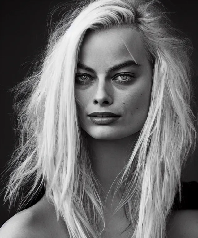 Prompt: a color photograph of margot robbie, by bernd & hilla becher, platinum blond, intense, bold, exaggerated, ultra sharp, extra details, ultra high quality, trending on pinteresst